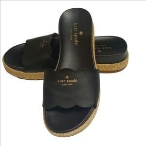 ♠️ KATE SPADE "ZEST" BLACK LEATHER ESPADRILLES SLIDES WITH FRONT GOLD LOGO